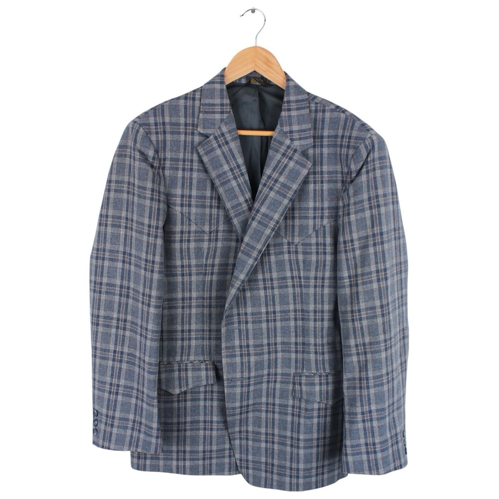 Vintage Grand Entry Western Blazer Jacket Plaid Blue Wool Mens Size 44
